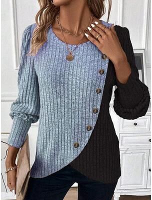 Retailers Go Loose Casual Comfortable Knitted Women Clothes, Winter O neck Buttons Long Sleeved Pullovers blue m