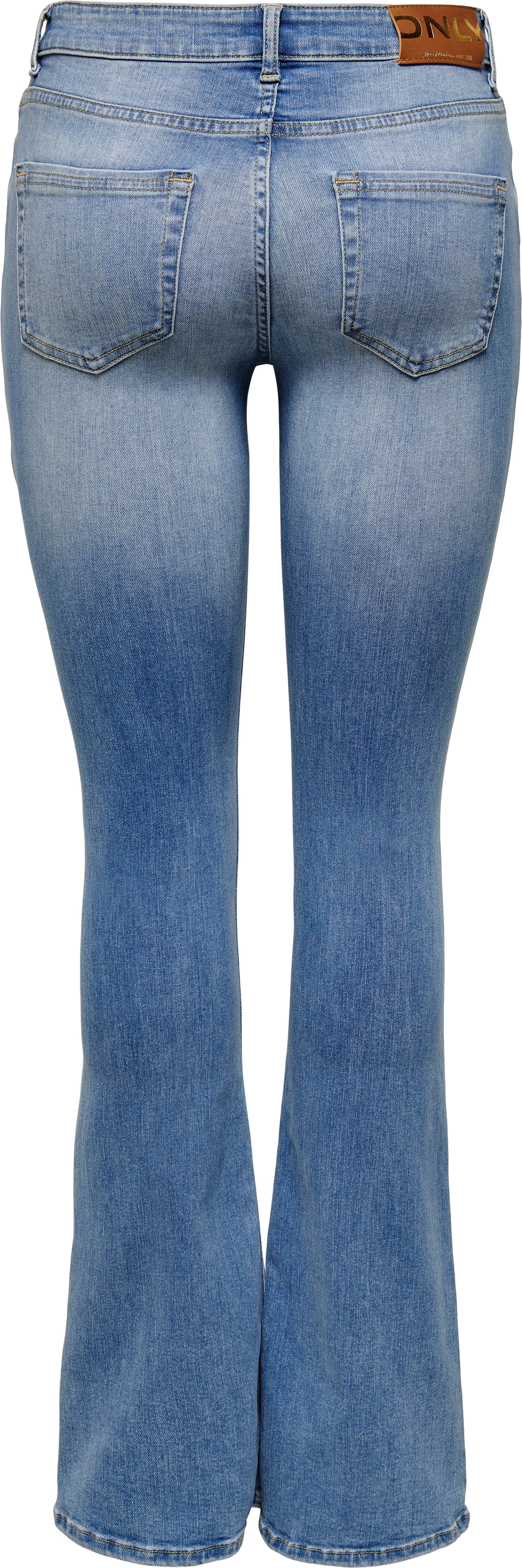 Bootcut-Jeans ONLY "ONLBLUSH – Bootcut-Jeans mit niedriger Leibhöhe und Stretch", Damen, Gr. S (36), Länge 32, blau (light blau denim), Denim/Jeans, Obermaterial: 92% Baumwolle, 6% Elastomultiester, 2% Elasthan, unifarben, bootcut fit lang, Jeans Bootcut-