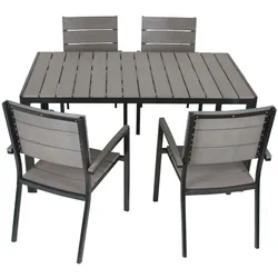 Garden Pleasure Gartenmöbel Set OLIVIA, Tisch 150 x 90 + 4 Stapelsessel, Aluminium Eisengrau/ Nonwood Hellgrau