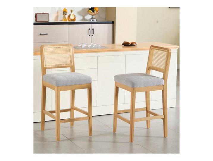 LuxusKollektion Barhocker Barhocker Barstühle Rattan Rückenlehne Holzbeine 2 Grau