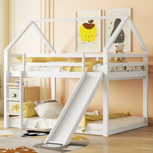 AIORBER Etagenbett, Massivholz, 140x200cm, Kinderbett mit Lattenrost, Hausdesign,mit Rutsche und Leiter,oberes Bett mit Geländer,für Kinderzimmer,Weiß