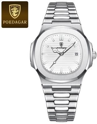Inspired Finds POEDAGAR Square Stainless Steel Quartz Watch For Men silver White