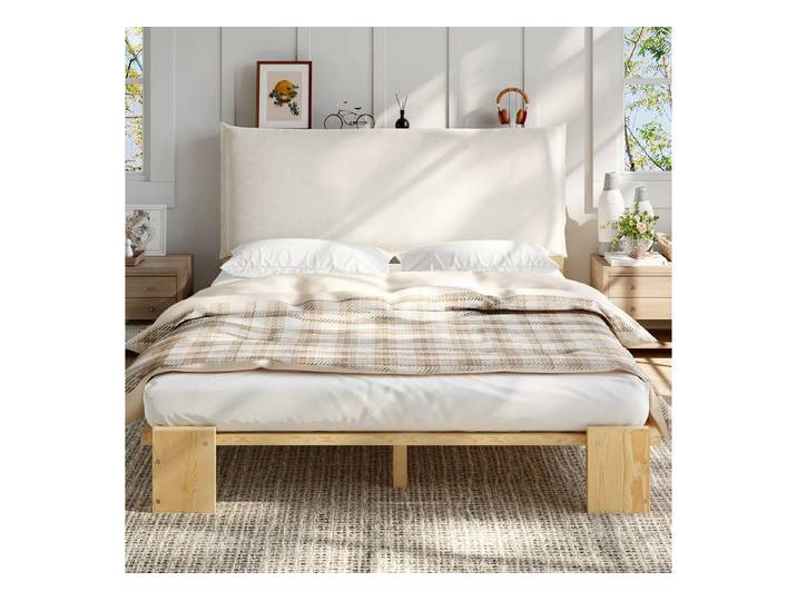 Flieks Massivholzbett, Doppelbett Kinderbett 140x200cm mit Polster-Rückenlehne, breiten Beine