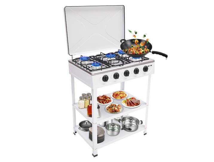 Réchaud à gaz naturel avec 5 brûleurs, réchaud à gaz portable d'extérieur avec pare-vent et 2 étagères de rangement, réchaud de camping, cuisine en plein air