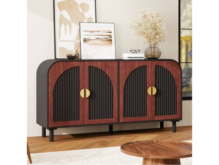 Buffet bas enfilade 150 cm style rétro 4 portes façades cintrées noir et noyer foncé rangement ORVRYN