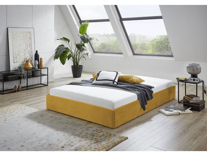 Polsterbett, Glanzvelours, Sonnengelb, 145×205 cm, Optimal für Dachschrägen, Westfalia Schlafkomfort