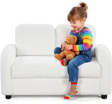Costway 2-Seat Kids Sofa Toddler Sofa Couch with Soft Teddy Fleece Upholstery and Solid Wooden Frame-White