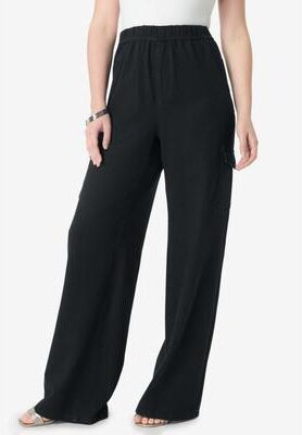 Plus Size Women's Wide Leg Cargo Knit Jean by Roaman's in Black (Size 42/44)