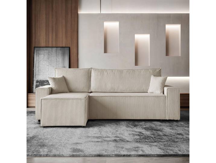 Ecksofa HEKTOR L-Form mit Schlaffunktion und Bettkasten, Couch in Hellbeige, Ottomane 70 cm