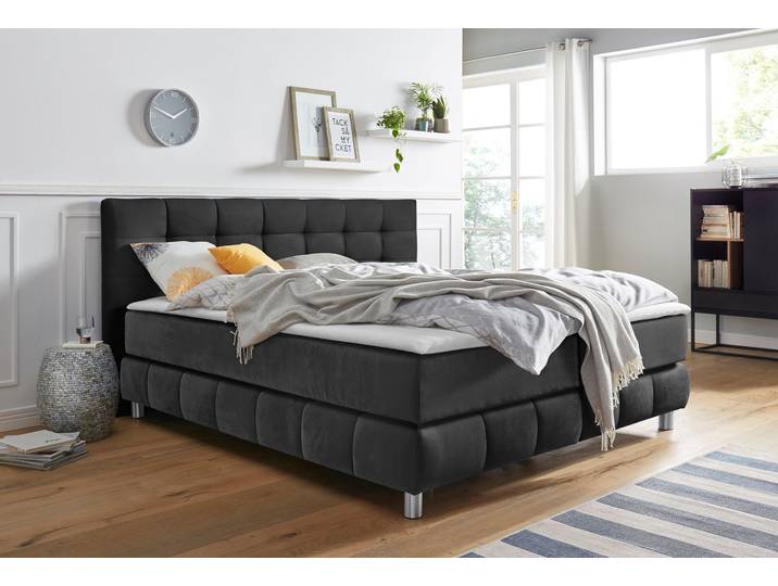 Boxspringbett, 214x231 cm, Samtoptik, Anthrazit, 4 Härtegrade, Modern, andas