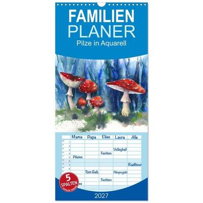 Familienplaner 2027 - Pilze in Aquarell mit 5 Spalten (Wandkalender, 21 x 45 cm) CALVENDO