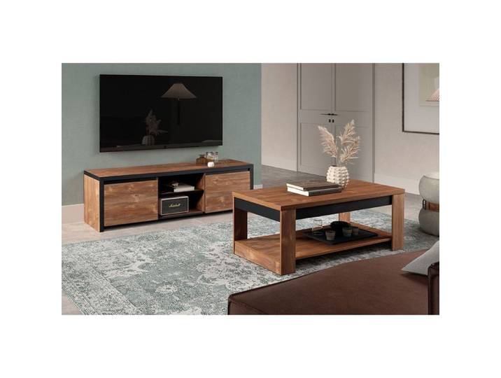 STALONE - Ensemble Salon Effet Bois Manguier Foncé et Noir