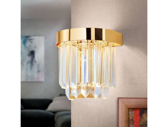 Wandlamp kristal Prism, dimbaar, messing / goud, Woon-/ Eetkamer, Kristal, Wandlamp
