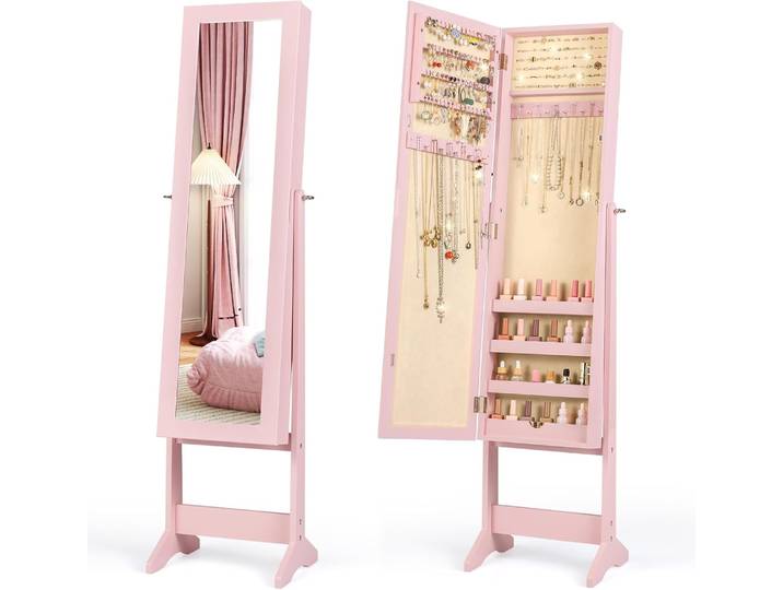 Armoire À Bijoux Sur Pied Avec Miroir Psyché Coffre À Bijoux\, Armoire De Rangement Cosmétiques\,3 Positions Réglables\, Rose