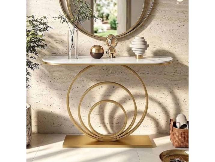 Konsolentisch Schmal mit Sintersteinplatte und Rundem Metallgestell Konsolentisch mit Sintersteinplatte, modernem runden Metallgestell mit Drei-Ring-Design und platzsparendem Design für Flur