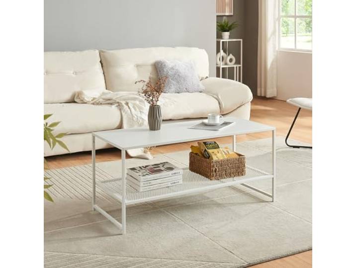 [en.casa] Couchtisch Ruokolahti mit Gitterablage Sofatisch im Industrie Design Wohnzimmertisch Kaffeetisch mit Stahlgestell 102 x 43 x 46 cm Weiß