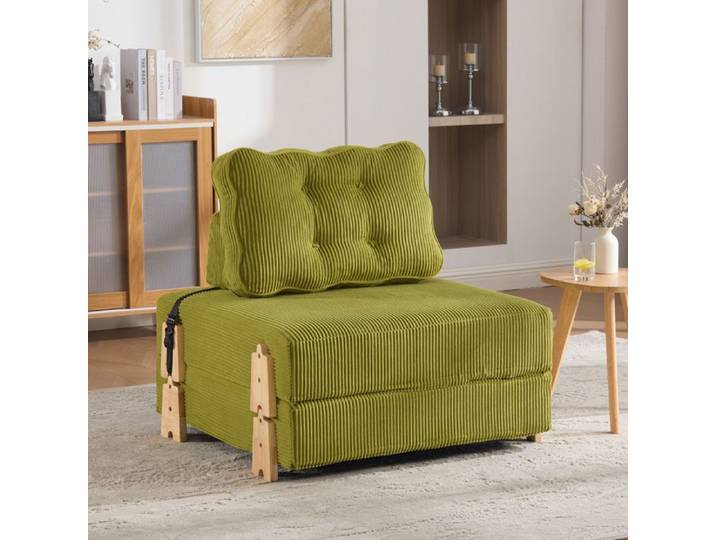 WOVREO Fauteuil-lit 1 place convertible pliable en velours côtelé vert olive pieds en bois
