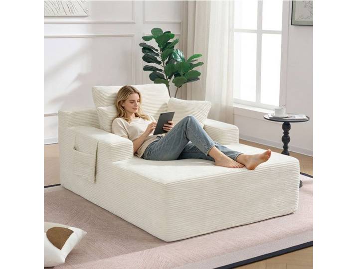 WOVREO Canapé fixe 1 place méridienne en corduroy beige avec accoudoir poche latérale et 3 coussins inclus