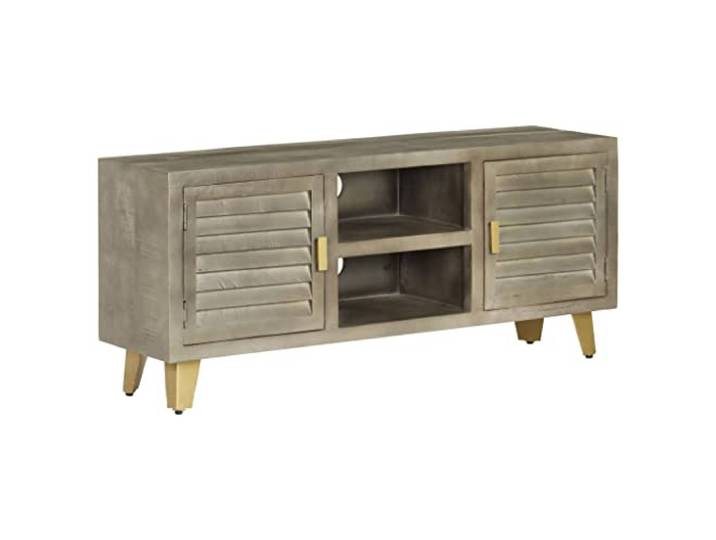 HEFZGDB TV-Schrank Massivholz Mango Grau mit Messing 110x30x48 cm Vintage Lowboard mit Zwei Ablagen und Zwei Fächern für Wohnzimmer Aufbewahrung