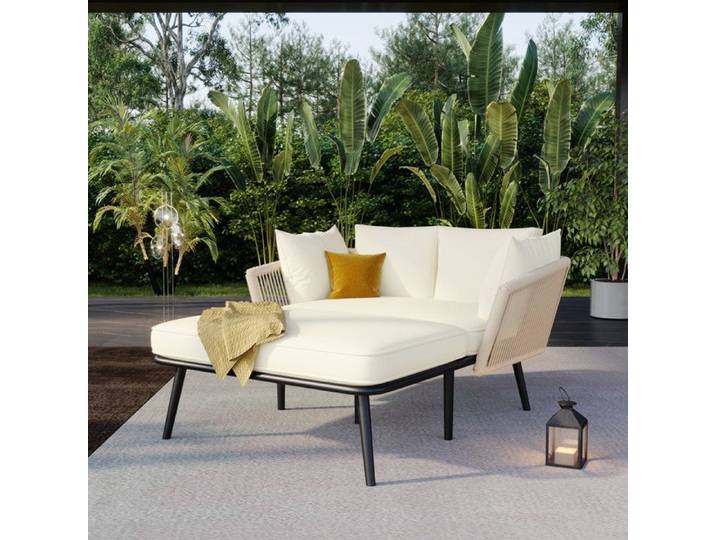 Salon de jardin - Bain de soleil - canapé de jardin - en acier galvanisé et corde tressé - 2 places - Beige