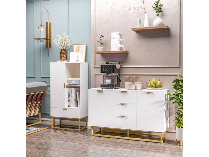 HOMCOM Buffet Blanc Métal Doré Design Moderne