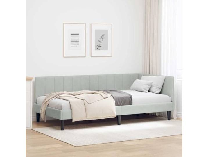 WDGJJFECNMUEHI Stoffbezug L Form Tagesbett Hellgrau 90x190 cm Eckbettgestell mit Kopfteil Hellgrau 90x190 cm Samt L-Form Stoffbett mit Lattenrost Platzsparendes Tagesbett für Gäste