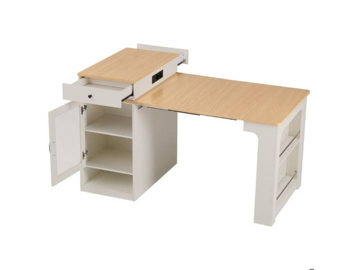VLIVRA Table 2-4 pers extensible rangement prises roulettes MDF blanc et naturel pour cuisine