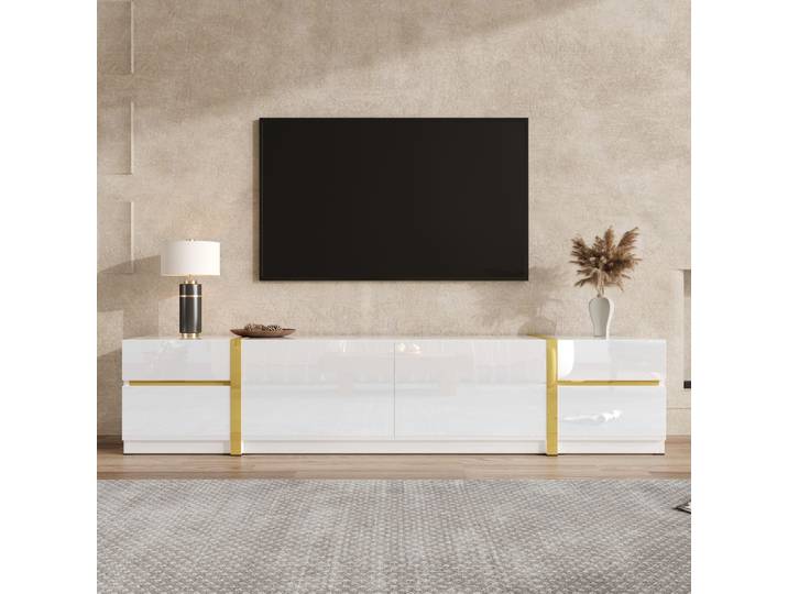 Meuble TV PINGGO moderne de luxe à finition brillante avec bords dorés, tiroirs et portes, grand rangement, meuble TV pour salon