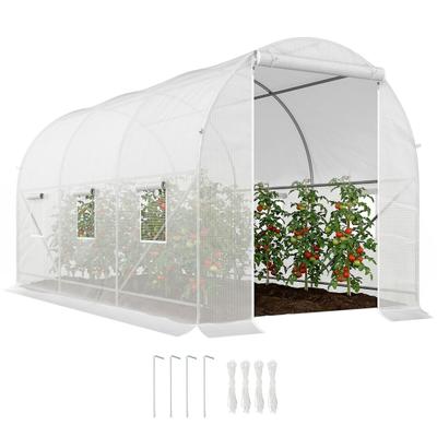 Outsunny Tunnelgewächshaus 3,5 x 2 x 2 m mit 6 Netzfenstern und Rolltor mit UV-Schutz-Reißverschluss, weiß