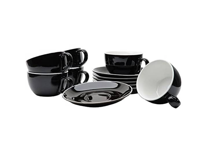 Gastro Spirit - 12-teiliges Milchkaffee-Tassen Set - Schwarz, 350 ml, Porzellan, dickwandig, spülmaschinenfest, italienisches Design - 6er XL Cappuccino/Kaffee-Tassen Set mit Untertassen
