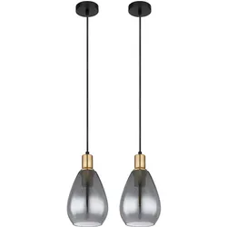 Pendelleuchte Hängelampe rauchglas Wohnzimmer 1 Flammig schwarz Deckenleuchte hängend, Metall messing, E27 Fassungen, DxH 15x120 cm, 2er Set