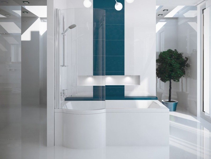 Eckbadewanne Badewanne INSPIRO LINKS 160x70 mit Glasabtrennung, Schürzen , Ablaufgarnitur und Füßen.