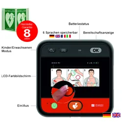 myPAD-A AED LCD-Farbbildschirm, klimatisierter Metallwandkasten & Winkelschild, DE/EN