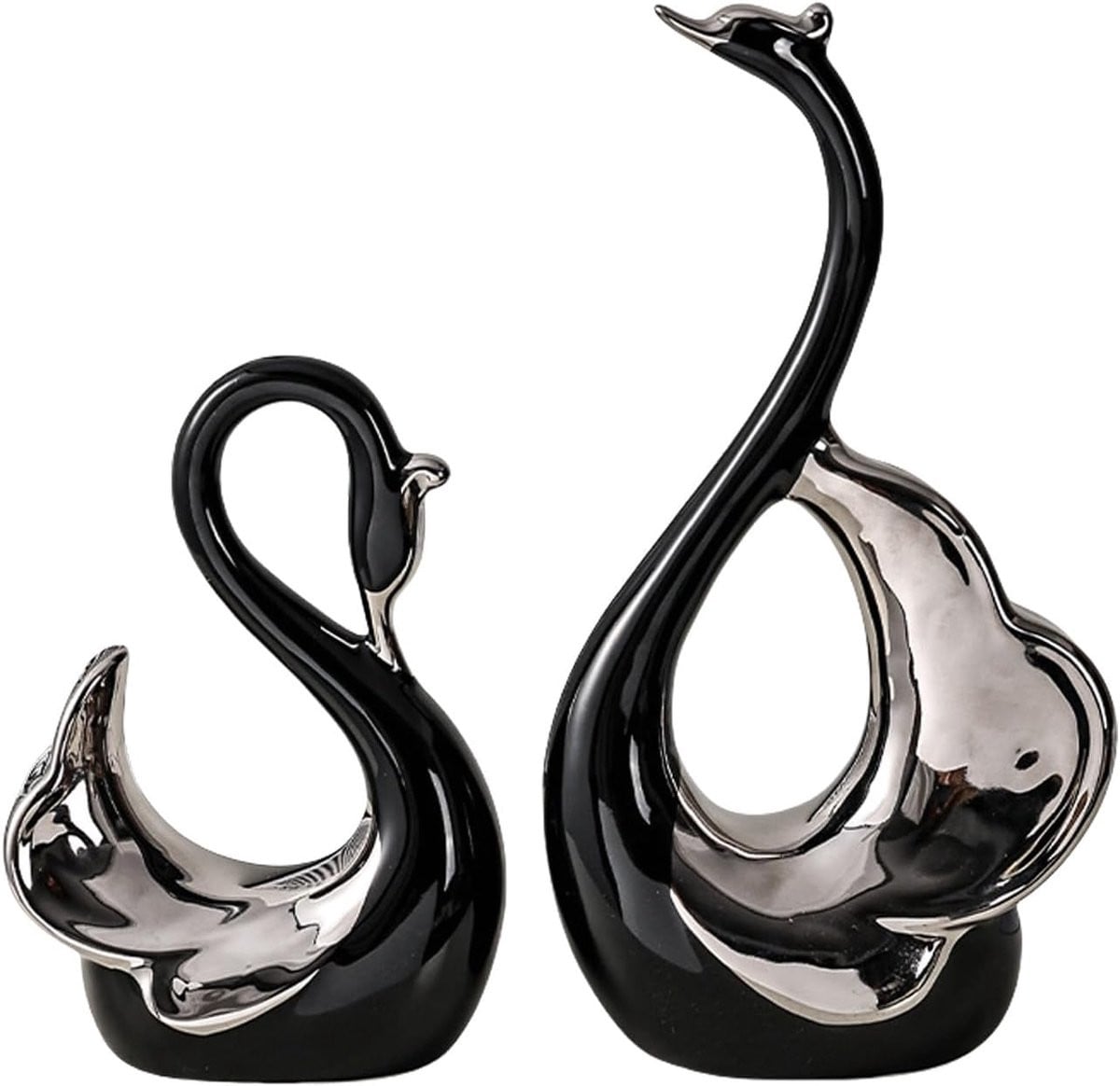 Set van 2 Zwanen Beeldjes - Keramiek Decoratie - Zwart en Wit