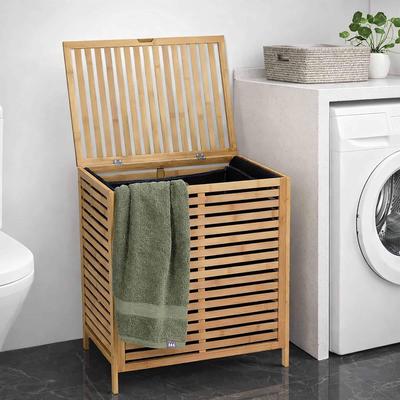 Evideco "Bamboo Laundry Hamper with Lid, Removable Bag, Slatted Ventilation Design - 23.6"" H x 21.1"" L x 14.8""W"