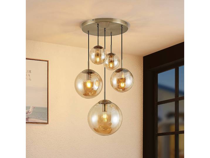 Glazen hanglamp Teeja, dimbaar, crème / amber, Woon-/ Eetkamer, Glas, Vintage, hanglamp