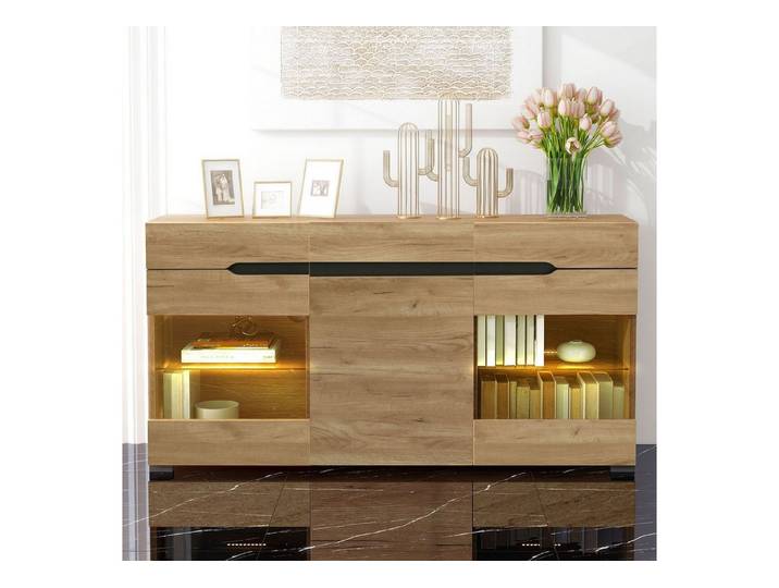 REDOM Sideboard Modernes LED Sideboard Set Eiche mit (mit viel Stauraum für Ihren Wohnbereich), Möbel 3 Türen 3 Schubladen Moderne Kommode