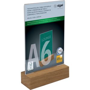 Sigel Tischaufsteller TA252, A6, aus Acryl, T-Form, beidseitig, mit Holzsockel