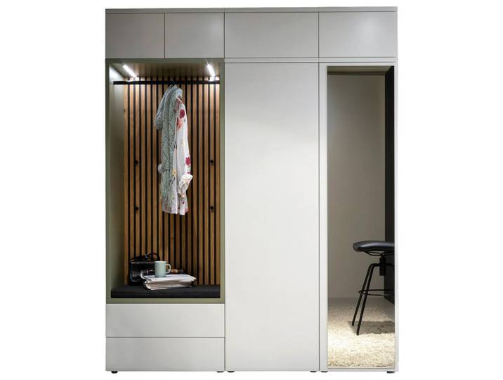Moderano Garderobe, Grün, Weiß, Wildeiche, Glas, 8-teilig, furniert, 186x234x39 cm, Handmade in Germany, Garderobe, Garderoben-Sets & Garderoben-Serien, Garderoben-Sets