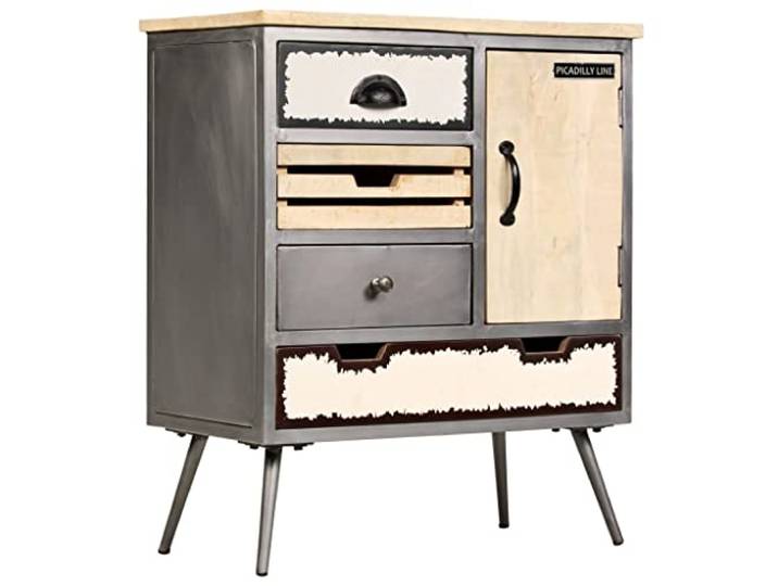 Makastle Sideboard im Industrie-Stil, 65 x 33 x 76 cm, Grau, Massives Mangoholz und Stahl, mit 4 Schubladen und 1 Fach