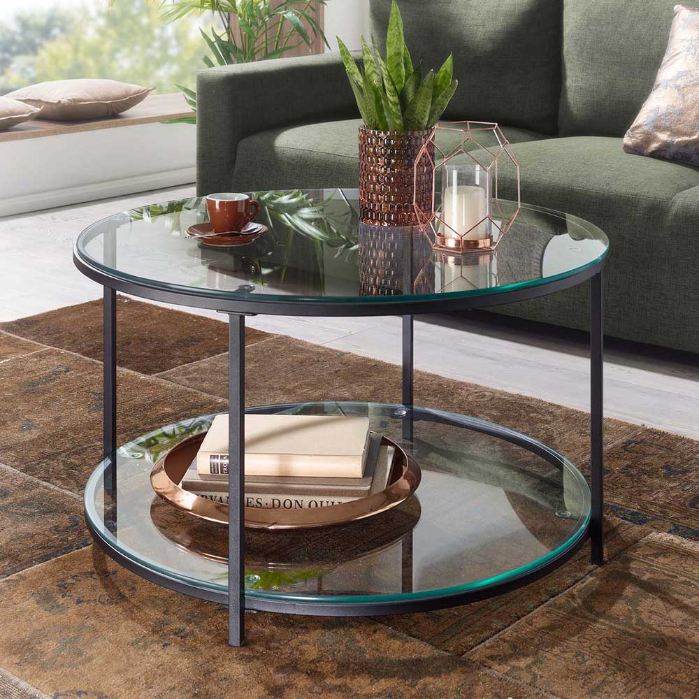 Pharao24.de Couchtisch rund mit Glasplatten Vierfußgestell aus Metall