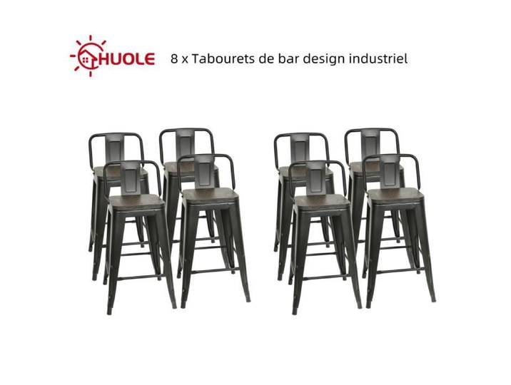 Lot de 8 Tabourets de bar design industriel HUOLE - Noir avec dossier - H 84 cm