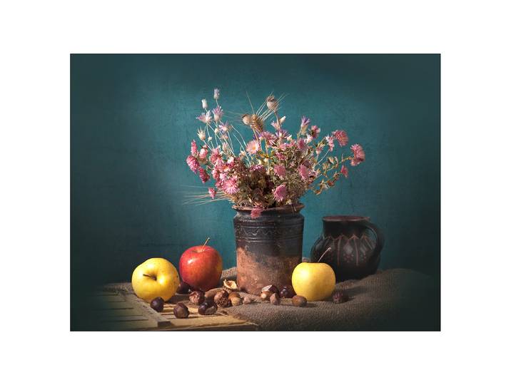 Leinwandbild New Baroque Still Life III Rahmen: Mitteldichte Holzfaserplatte MDF Bespannung: Canvas Türkis/Gelb/Violett 77 x 57 x 2cm