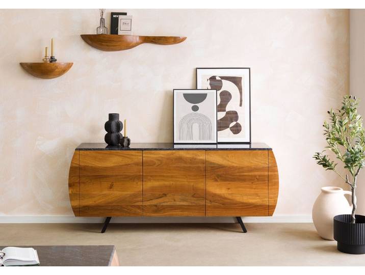 Sideboard Akazie 184x40x75 natur lackiert / Marmor schwarz MONTREAL #127