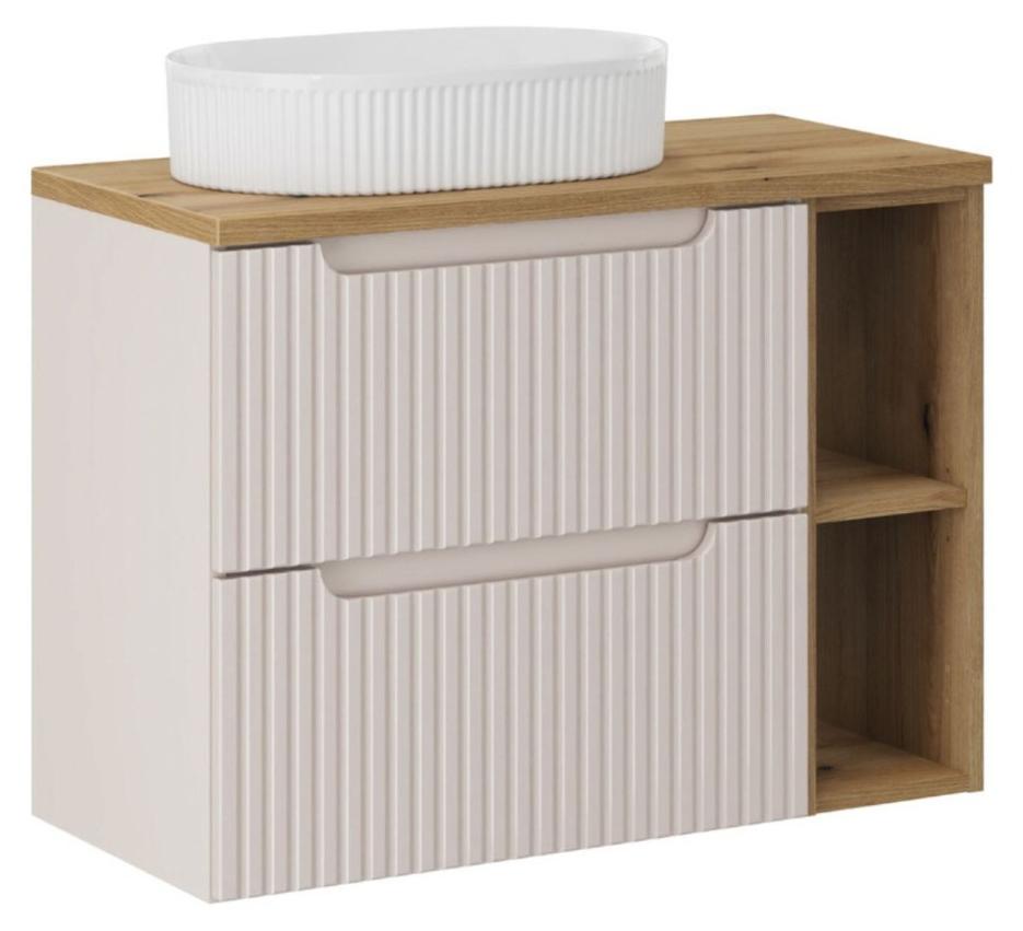 Ensemble VANO Kaschmir und Eiche 80cm: Unterschrank mit Schubladen und sichtbaren Fächern + gerilltes Aufsatzwaschbecken