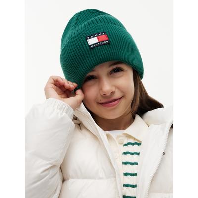 Beanie TOMMY HILFIGER "HERITAGE FLAG BEANIE", Jungen, Gr. S/M, grün (rural grün), Strick, Baumwolle, unifarben, Mützen Beanie, Regular fit mit Markenlogo