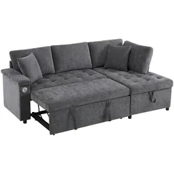 Ecksofa 209x130x84 aus Chenille mit Schlaffunktion und USB-Ladegerät – Stilvolles Design und Stauraum in Dunkelgrau