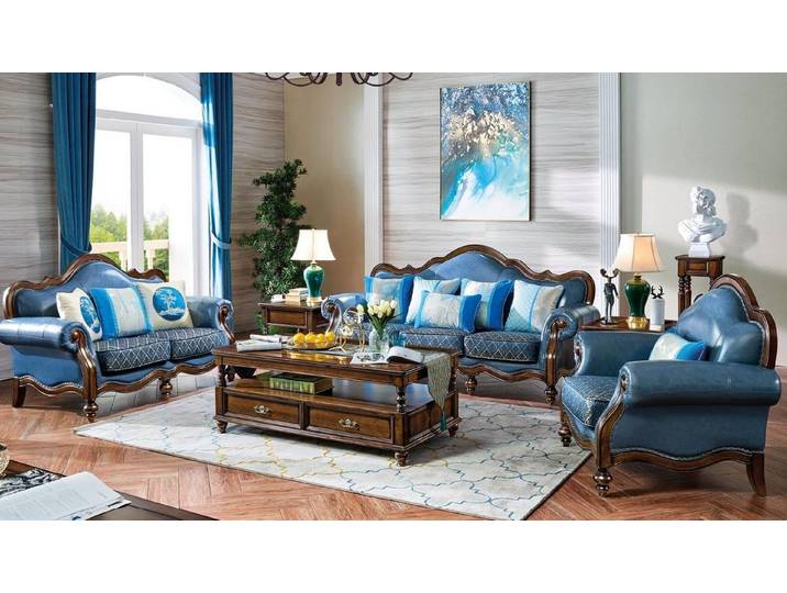 Xlmoebel Polstergarnitur XLMOEBEL Ledersofa in Blau mit elegantem Art déco-Design, (Polstergarnitur, 3-tlg., 3-teilig), Made in Europa