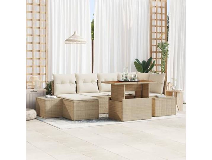 HEFZGDB 7-teiliges Garten-Esszimmer Set mit Kissen in Beige aus Poly-Rattan und Akazie für Terrasse Balkon Garten Outdoor-Bereich mit verstecktem Stauraum wetterfestem Komfort