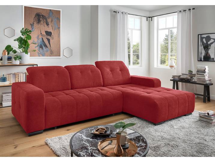Ecksofa mit Sitztiefenverstellung Rot Webstoff Jimin 290 x 102 x 185cm Longchair davorstehend rechts Modern